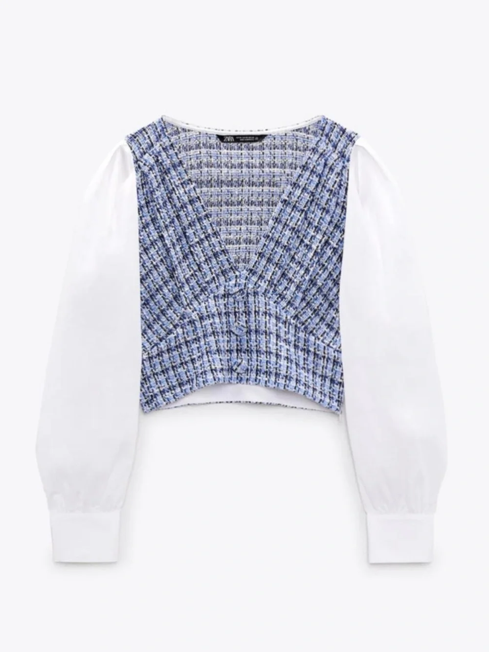 Zara Contrast Textured Tweed Cropped Blouse White Blue